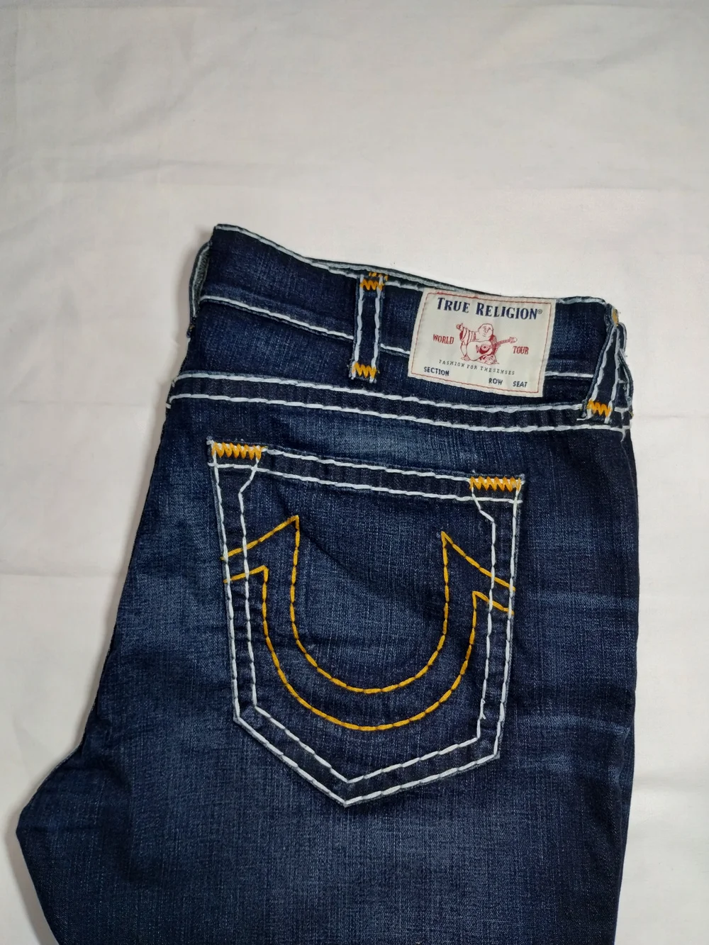 True Religion Dark Blue Denim Cutoff Shorts with Contrast Stitching